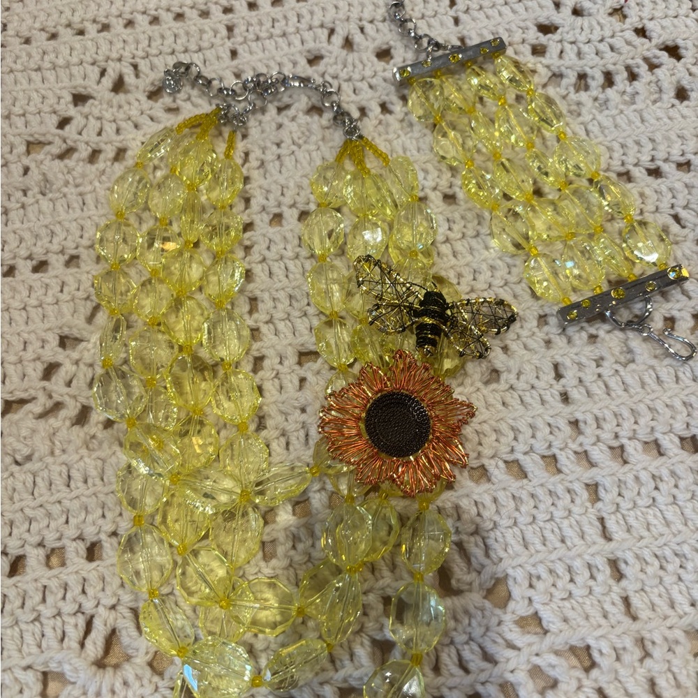 Sassy Jones Yellow Beaded Necklace and Bracelet Set with Sunflower Accent